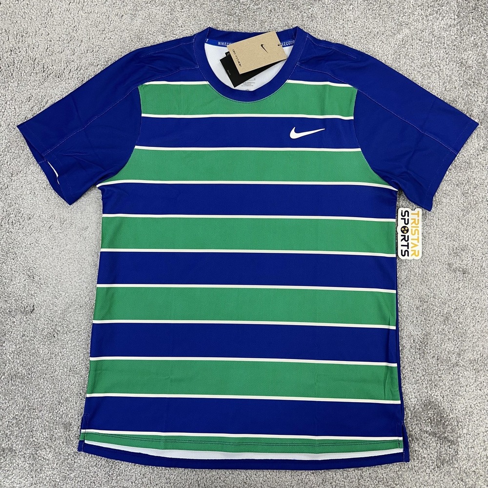 Nike Court Dri-FIT ADV Tennis Shirt Mens Medium Blue Green Striped FZ6934-539